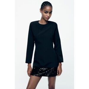 Black Zara Sequin Trim Shoulder Padded Round Neck Long Sleeve Mini Dress (NWT)